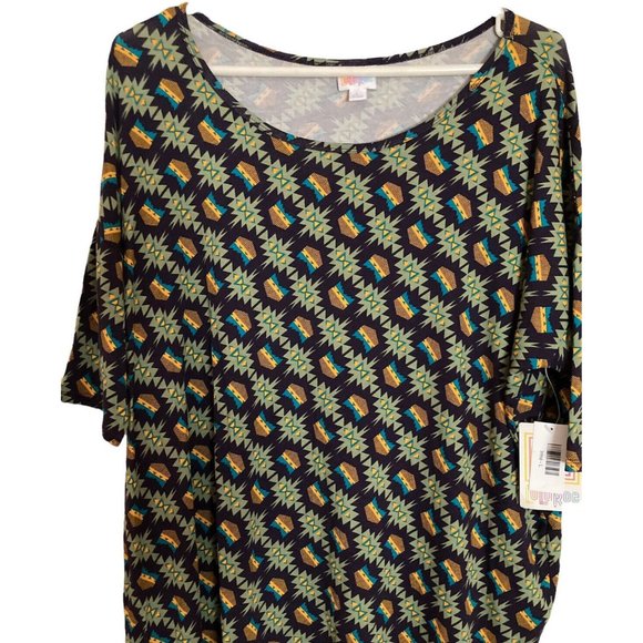LuLaRoe Irma S/S Tunic Top Tribal Green Gold Turquoise Brown Size Large Women’s - Picture 2 of 6